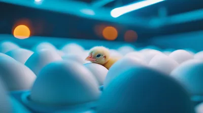 Newborn Chick Resting Among White Eggs