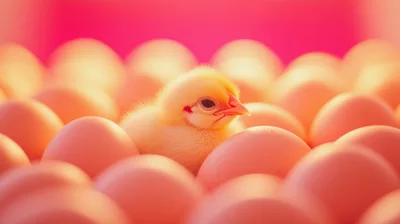 A Fluffy Yellow Chick Surrounded By Many Eggs