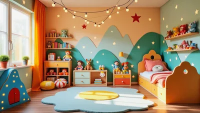 Cozy Children Bedroom With Mountain Wall Decor
