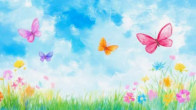 Watercolor Painting Of Butterflies Flying Over A Wildflower Meadow