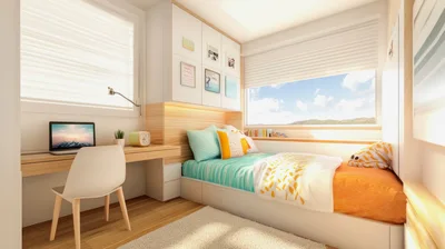 Modern Small Bedroom Interior With Desk And Bed