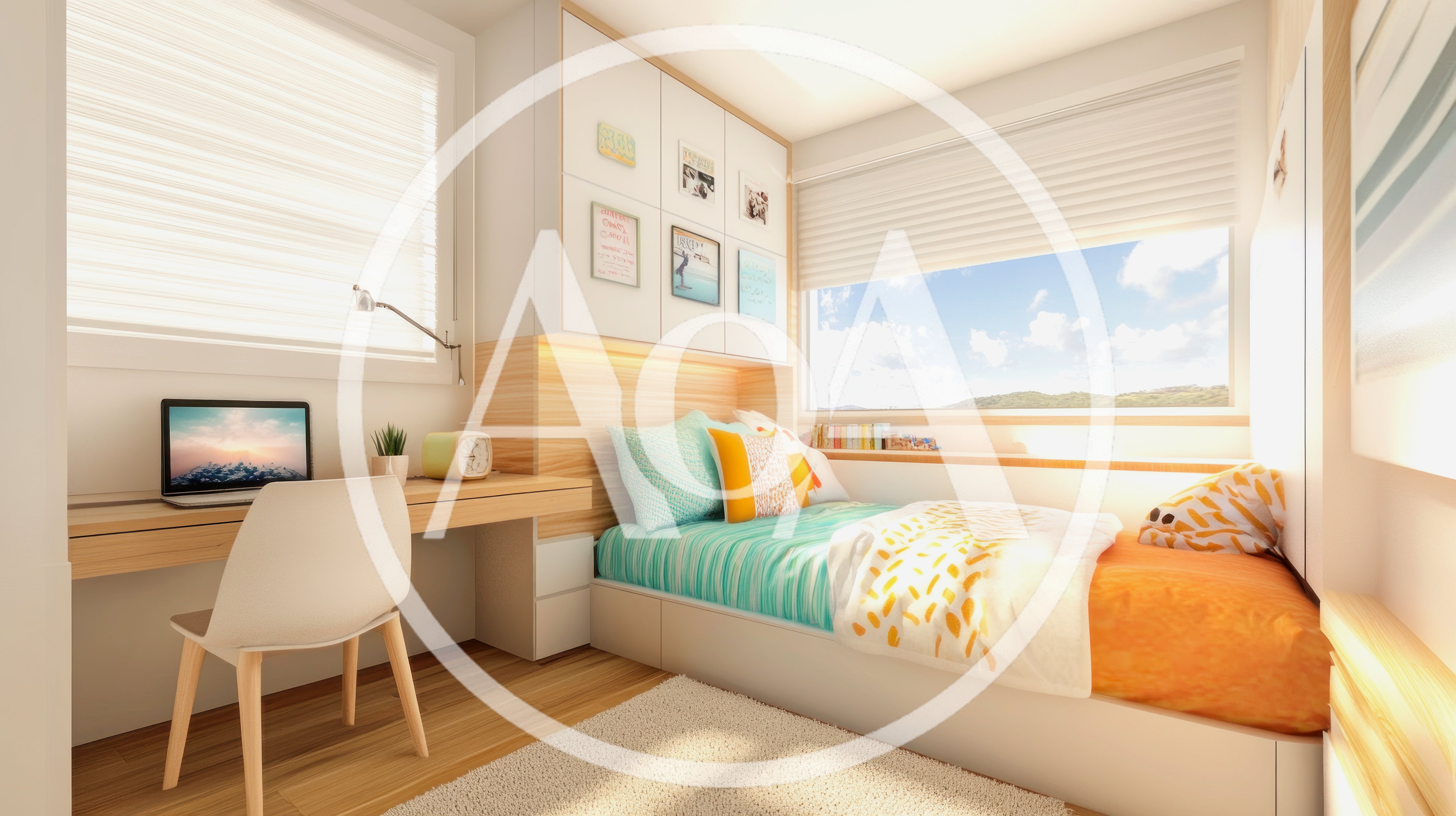 Modern Small Bedroom Interior With Desk And Bed