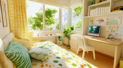 Bright Modern Bedroom Interior With Desk And Bed