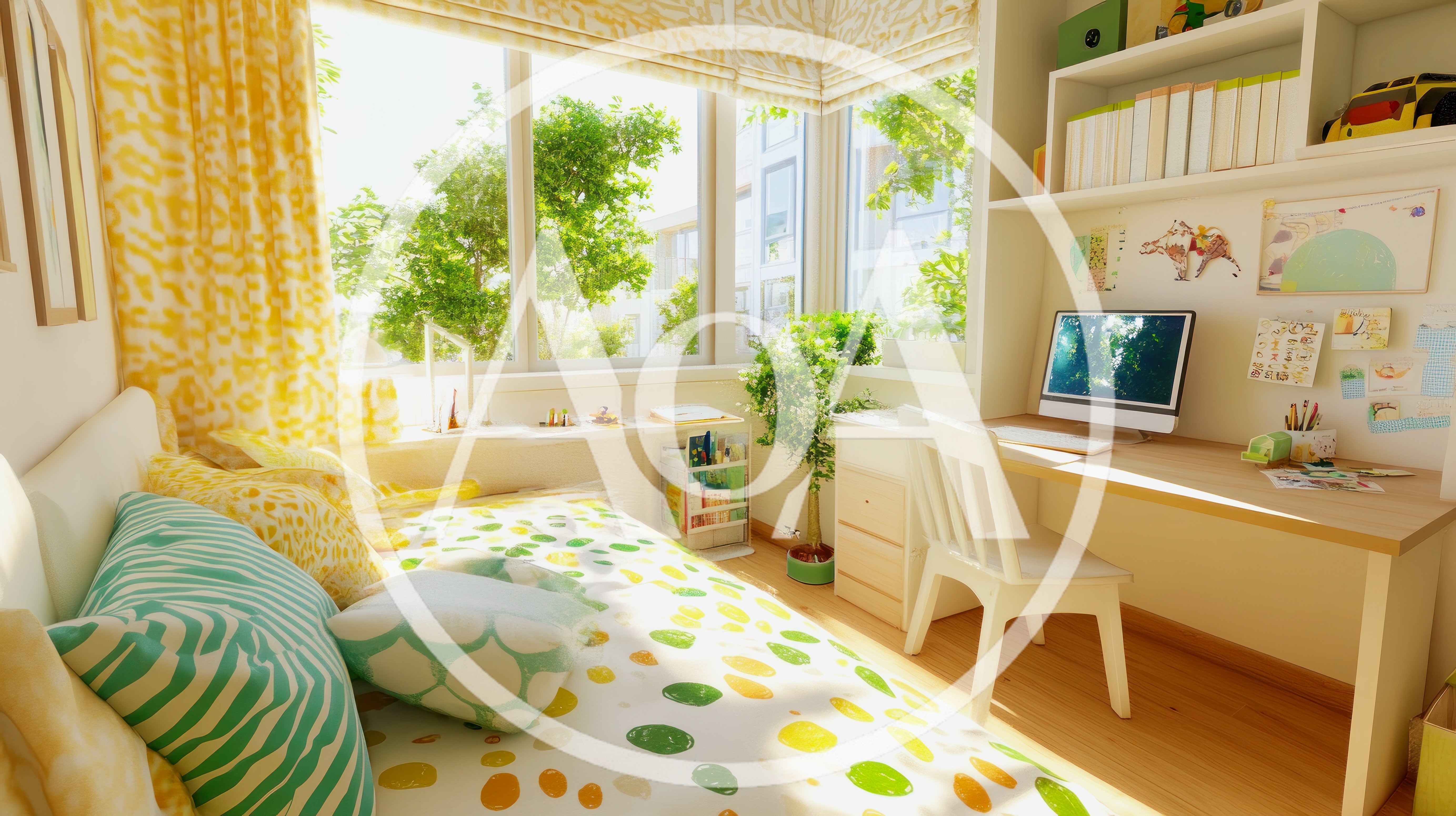 Bright Modern Bedroom Interior With Desk And Bed