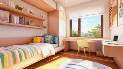 Modern Minimalist Bedroom Interior With Study Desk