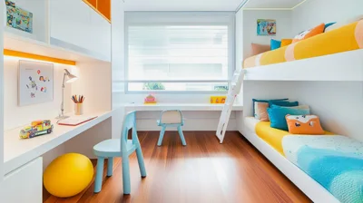 Modern Children Bedroom With Bunk Beds And Study Area