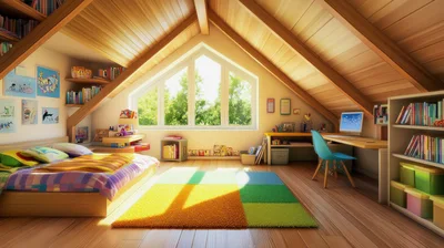 Cozy Attic Bedroom With Study Area And Bookshelves