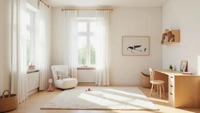 Bright Minimalist Nursery Room With Wooden Furniture