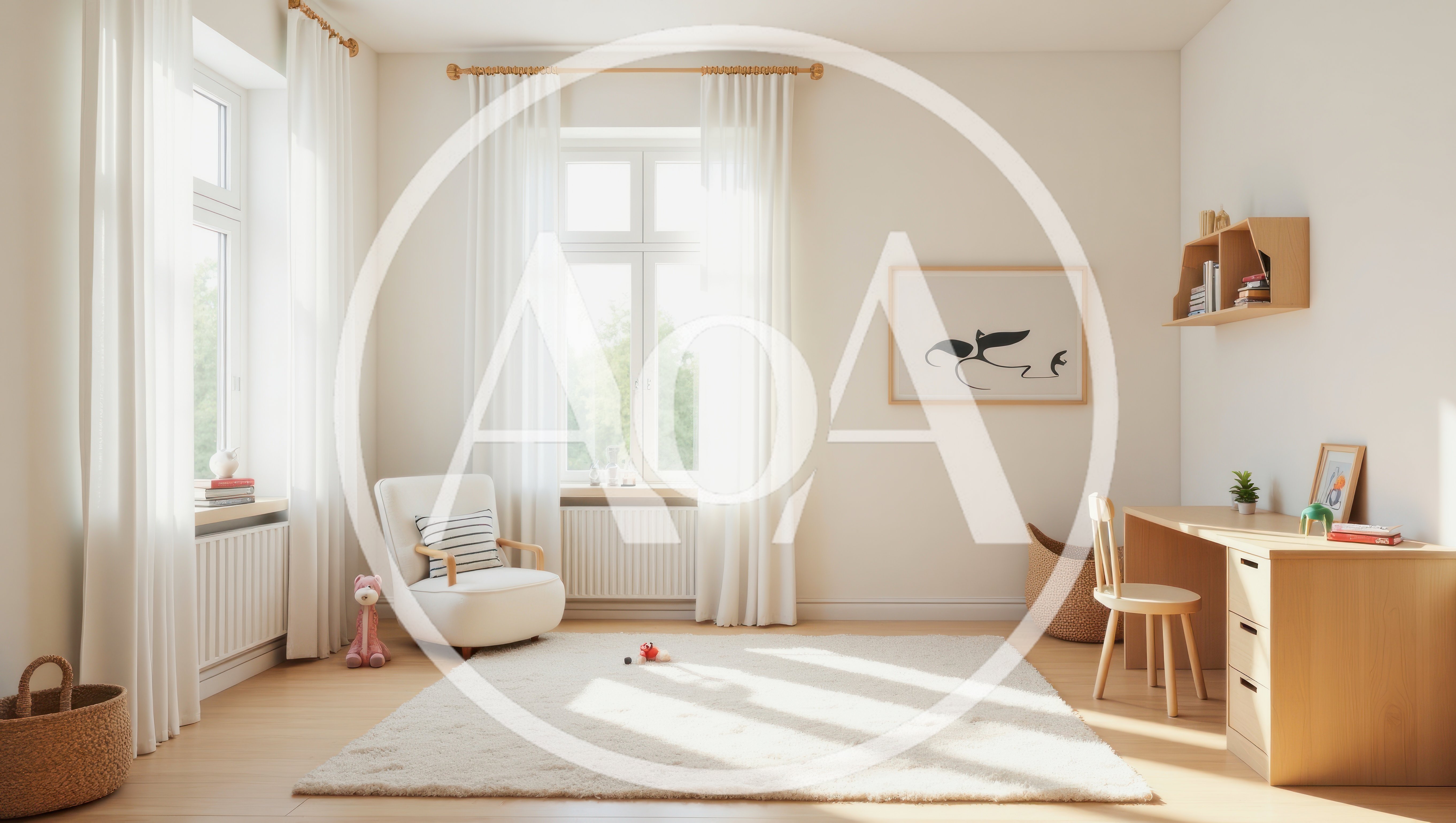 Bright Minimalist Nursery Room With Wooden Furniture