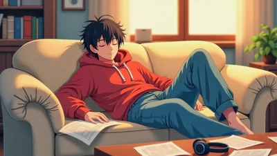 Anime Boy Sleeping On Sofa With Study Papers