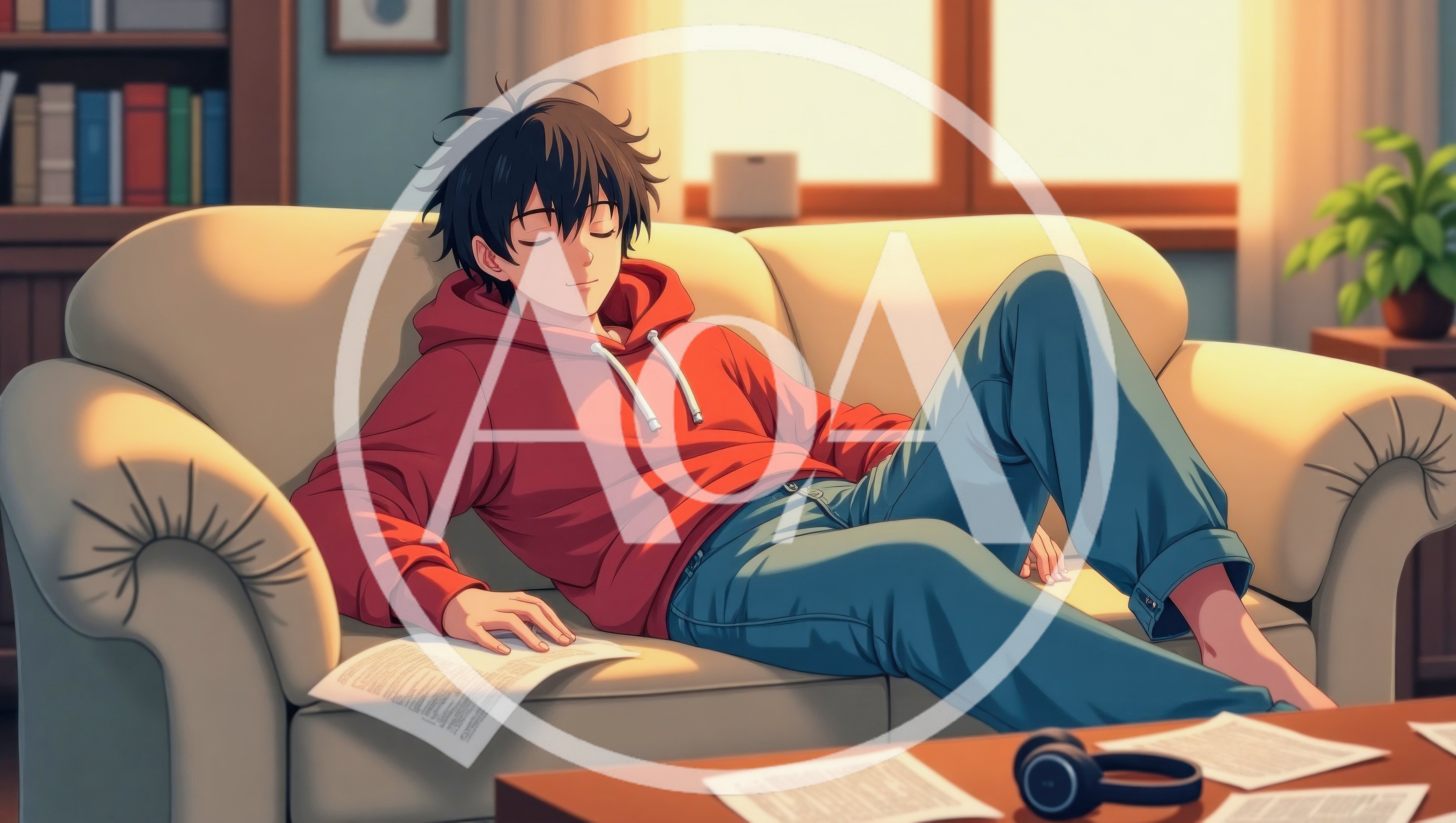 Anime Boy Sleeping On Sofa With Study Papers