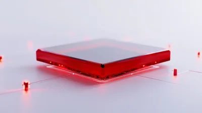 Red Glass Microchip Processor On A Digital Circuit Board