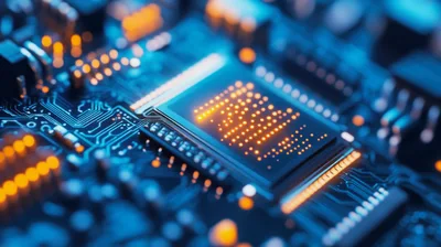 Close Up Of Glowing Microchip On Circuit Board