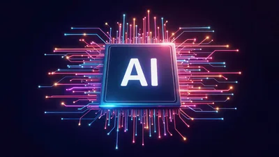 AI Processor Chip With Glowing Digital Data Connections