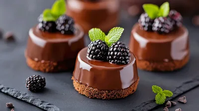 Gourmet Chocolate Glazed Mini Cakes With Blackberries