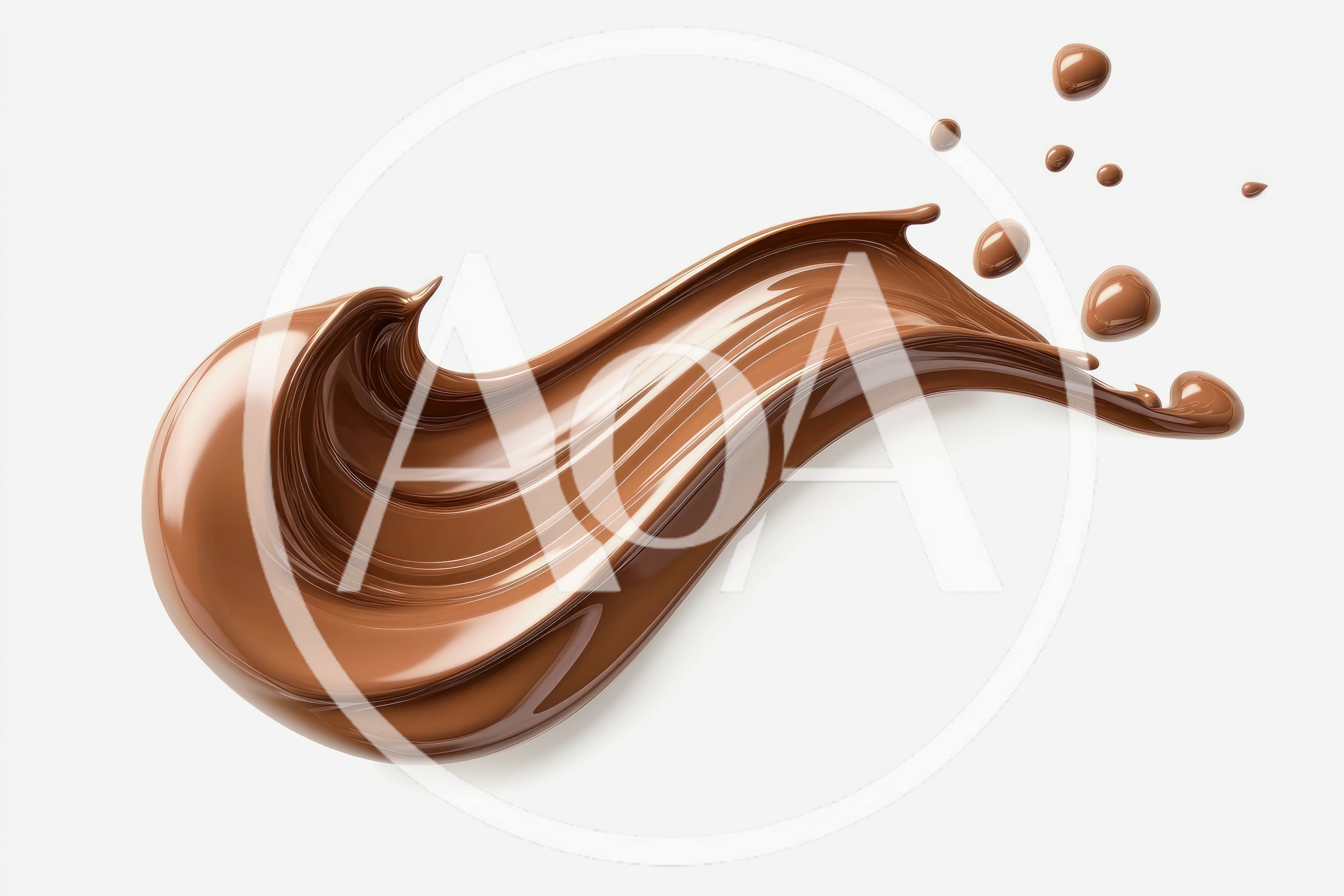 Liquid Chocolate Swirl With Droplets On White Background