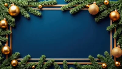 Christmas Frame With Golden Ornaments And Pine Branches