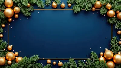 Christmas Holiday Frame With Golden Ornaments And Pine Branches