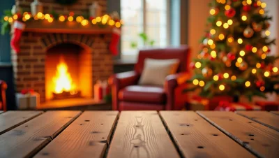 Empty Wooden Table In Cozy Christmas Living Room