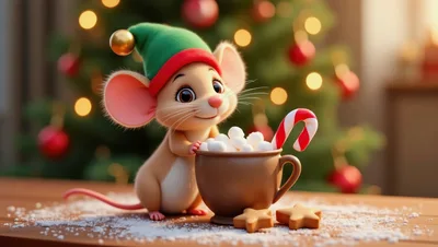 Cute Mouse Wearing Elf Hat With Hot Cocoa
