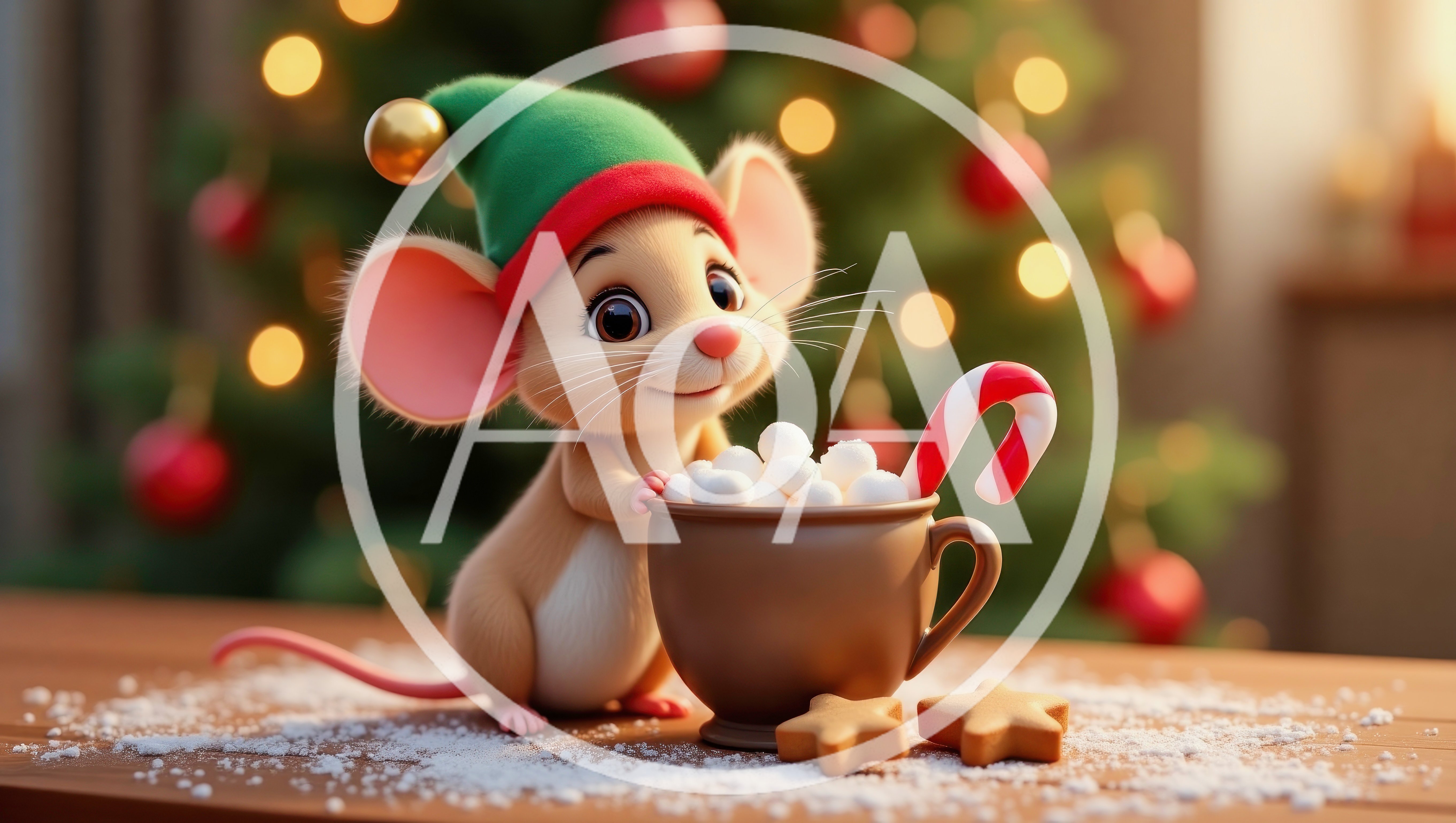 Cute Mouse Wearing Elf Hat With Hot Cocoa