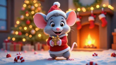Cute Cartoon Mouse Wearing Santa Suit Holding Gift