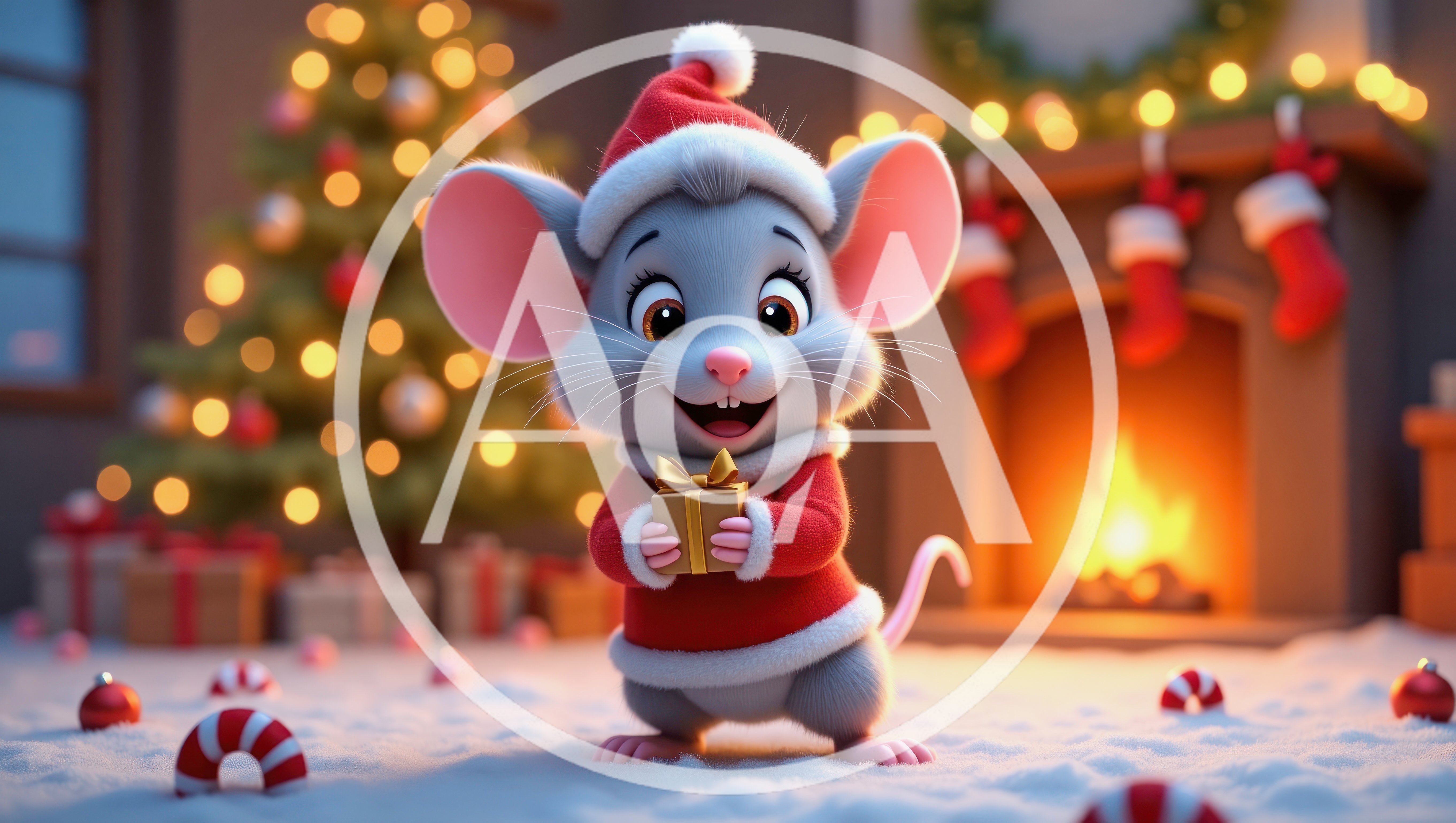 Cute Cartoon Mouse Wearing Santa Suit Holding Gift