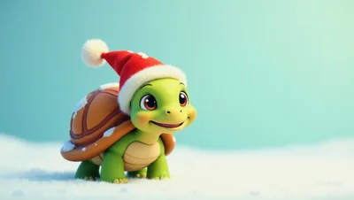 Cute Cartoon Turtle Wearing A Christmas Hat