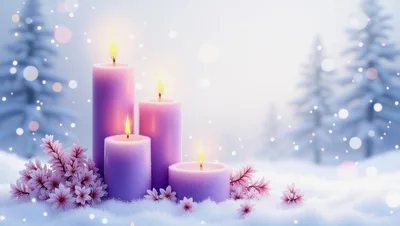 Four Lit Purple Candles In Snowy Winter Landscape