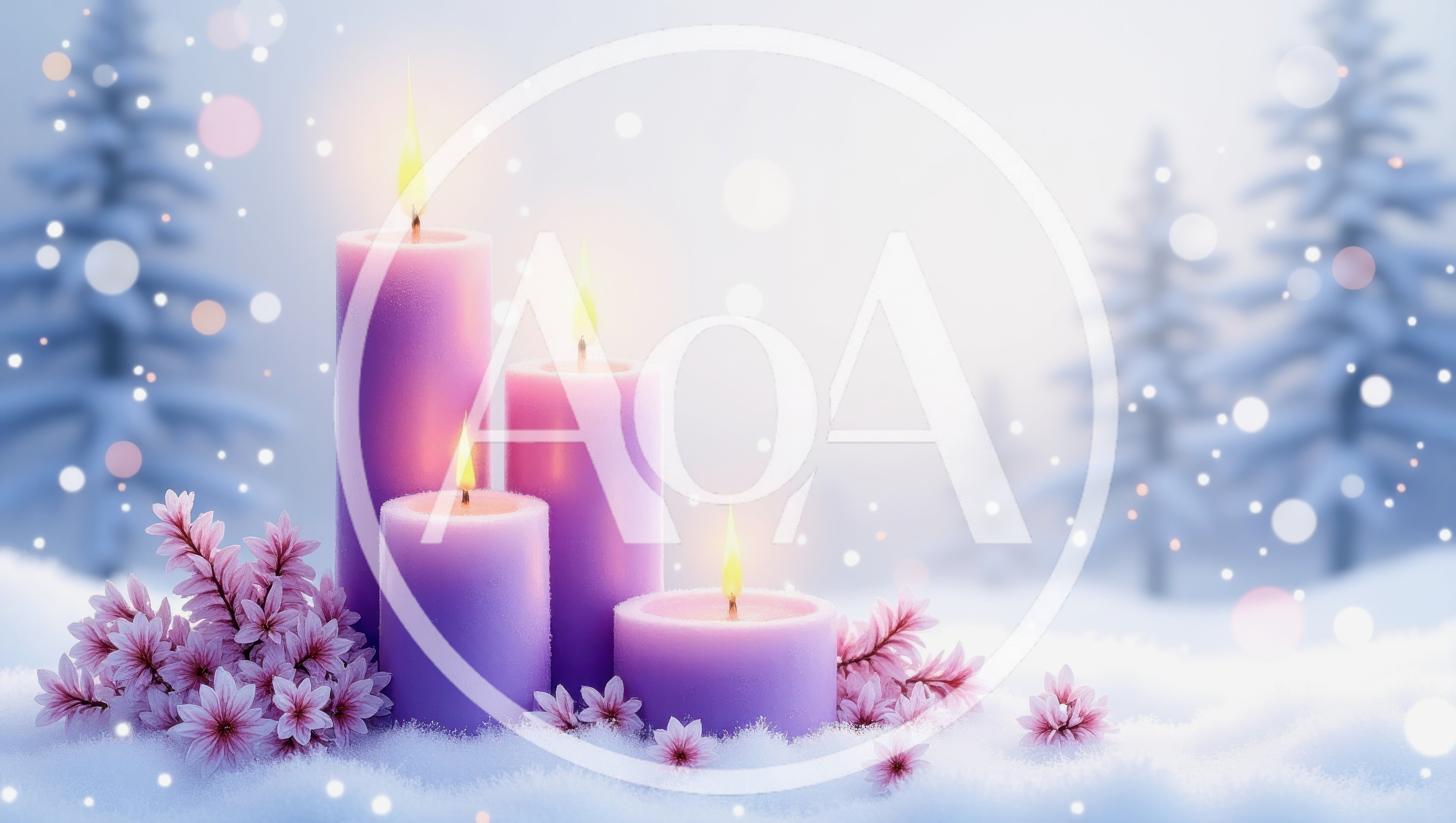 Four Lit Purple Candles In Snowy Winter Landscape