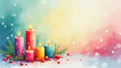 Four Colorful Christmas Candles With Pine Branches And Berries