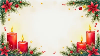 Christmas Background With Red Candles And Pine Branches