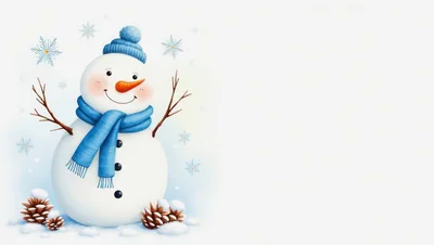 Cute Cartoon Snowman With Blue Scarf And Hat