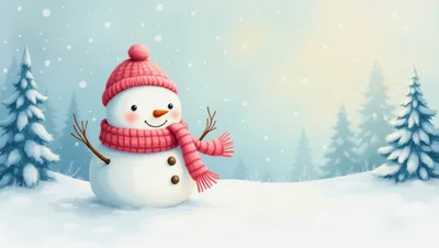 Cute Snowman Wearing A Pink Hat And Scarf