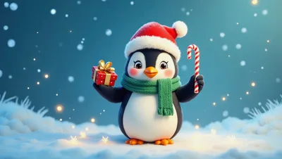 Cute Cartoon Penguin Holding Gift and Candy Cane