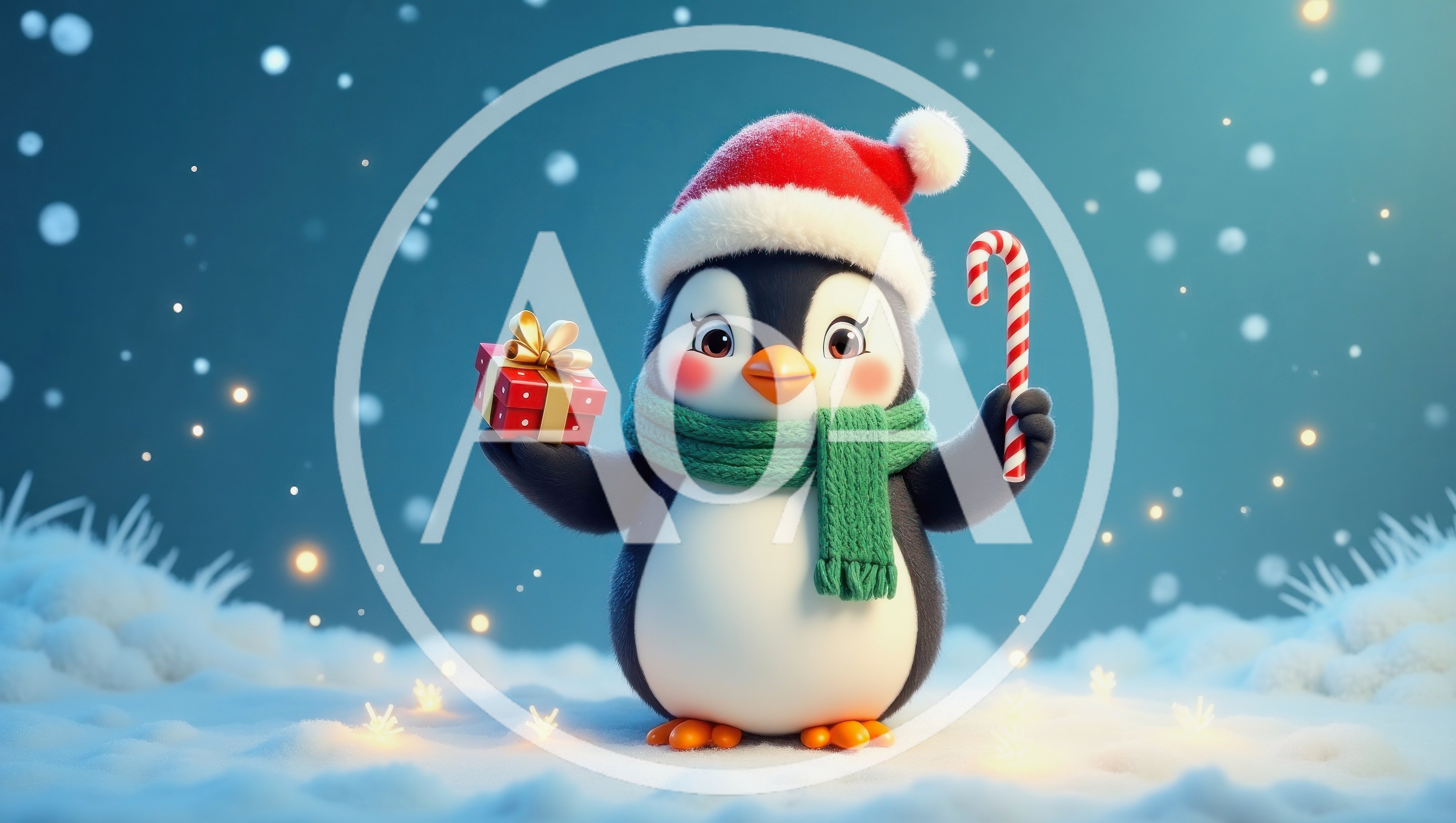 Cute Cartoon Penguin Holding Gift and Candy Cane