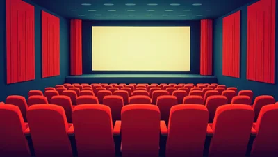 Empty Movie Theater With Red Seats And Screen