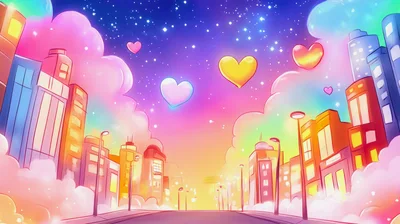 Animated Cityscape With Floating Hearts And Pastel Clouds
