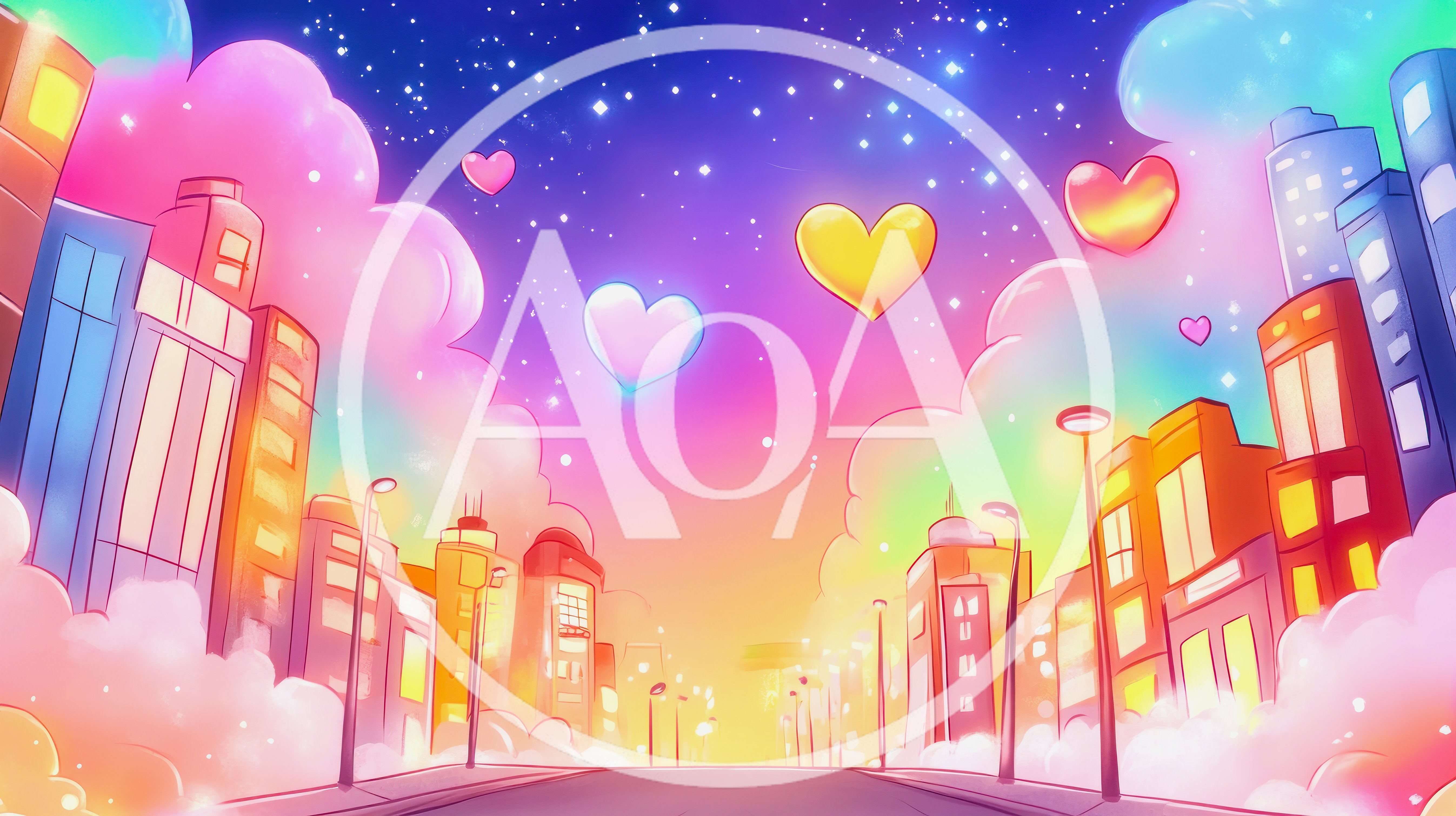 Animated Cityscape With Floating Hearts And Pastel Clouds