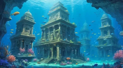 Underwater Ancient Ruins With Submerged Stone Temples