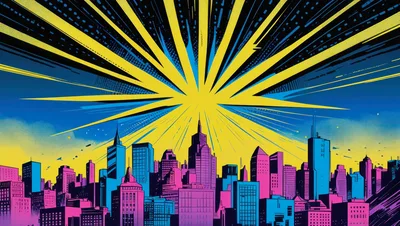 Stylized Comic Book Cityscape With Radiant Sunburst