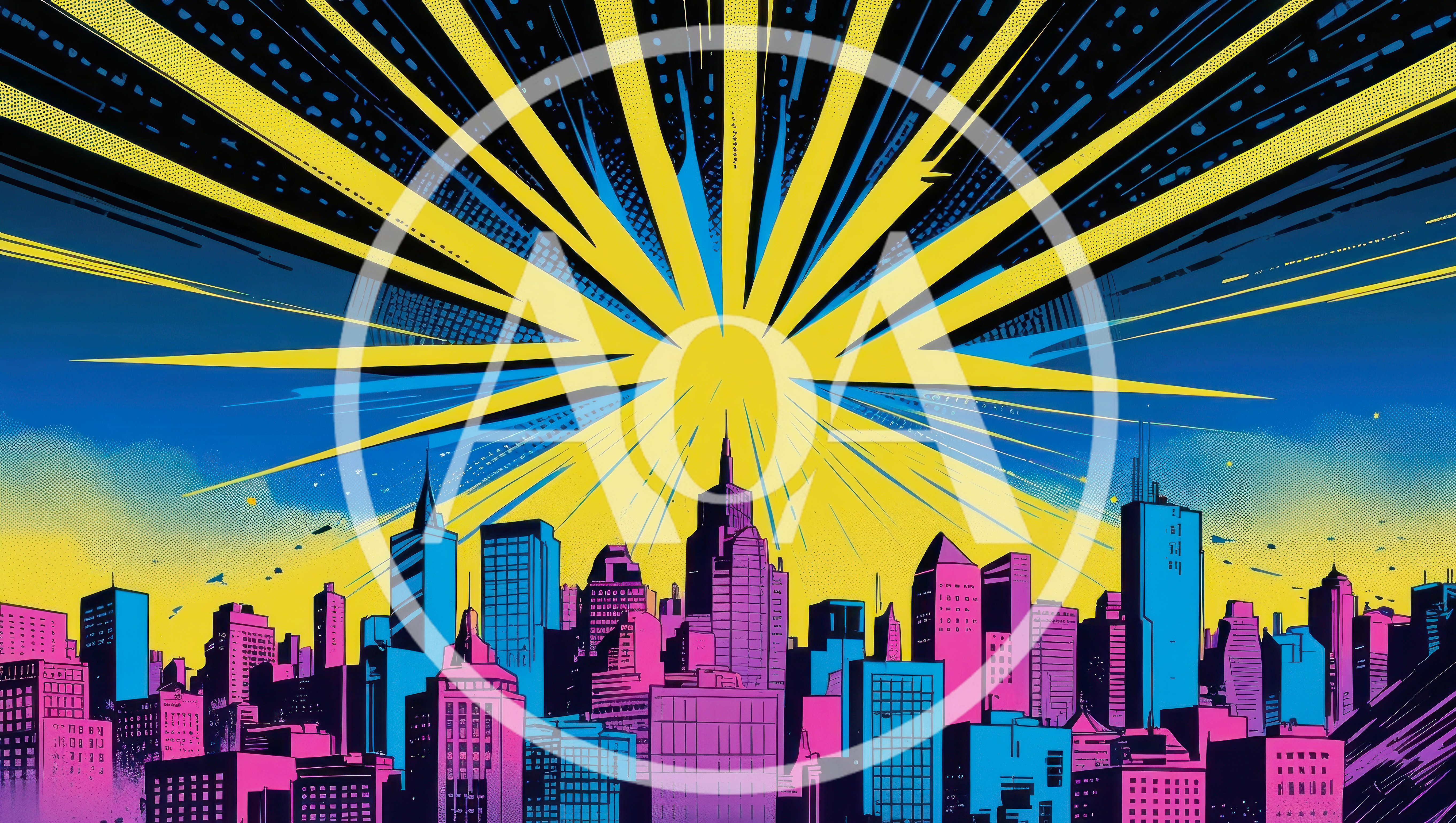 Stylized Comic Book Cityscape With Radiant Sunburst