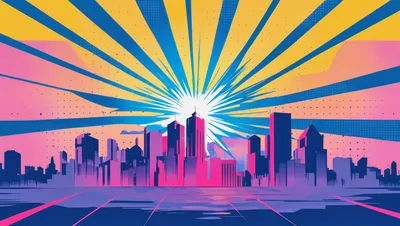 Retro Synthwave Cityscape With Radiant Sunburst Background