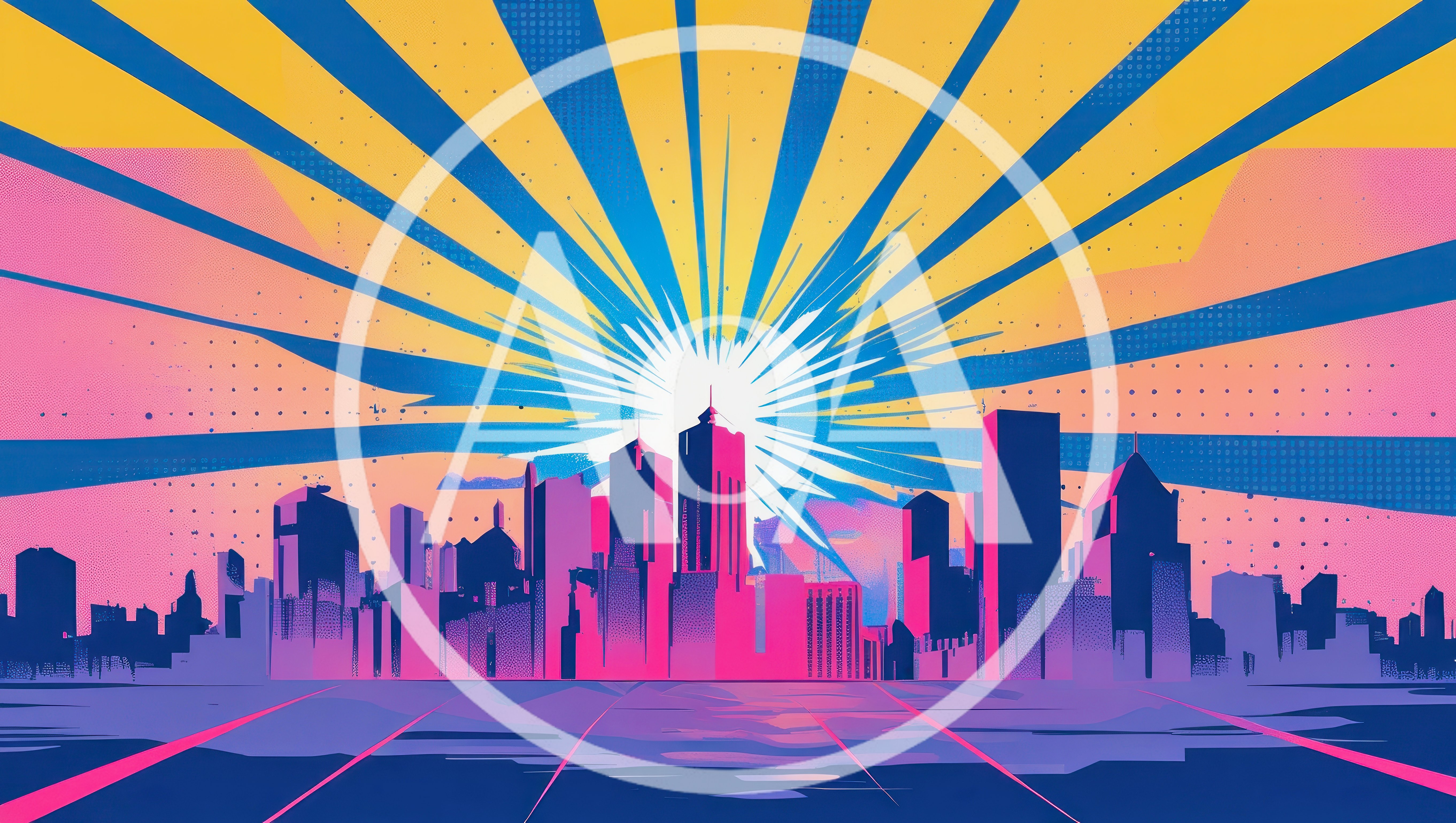 Retro Synthwave Cityscape With Radiant Sunburst Background