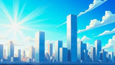 Modern City Skyline With Bright Sun And Clouds
