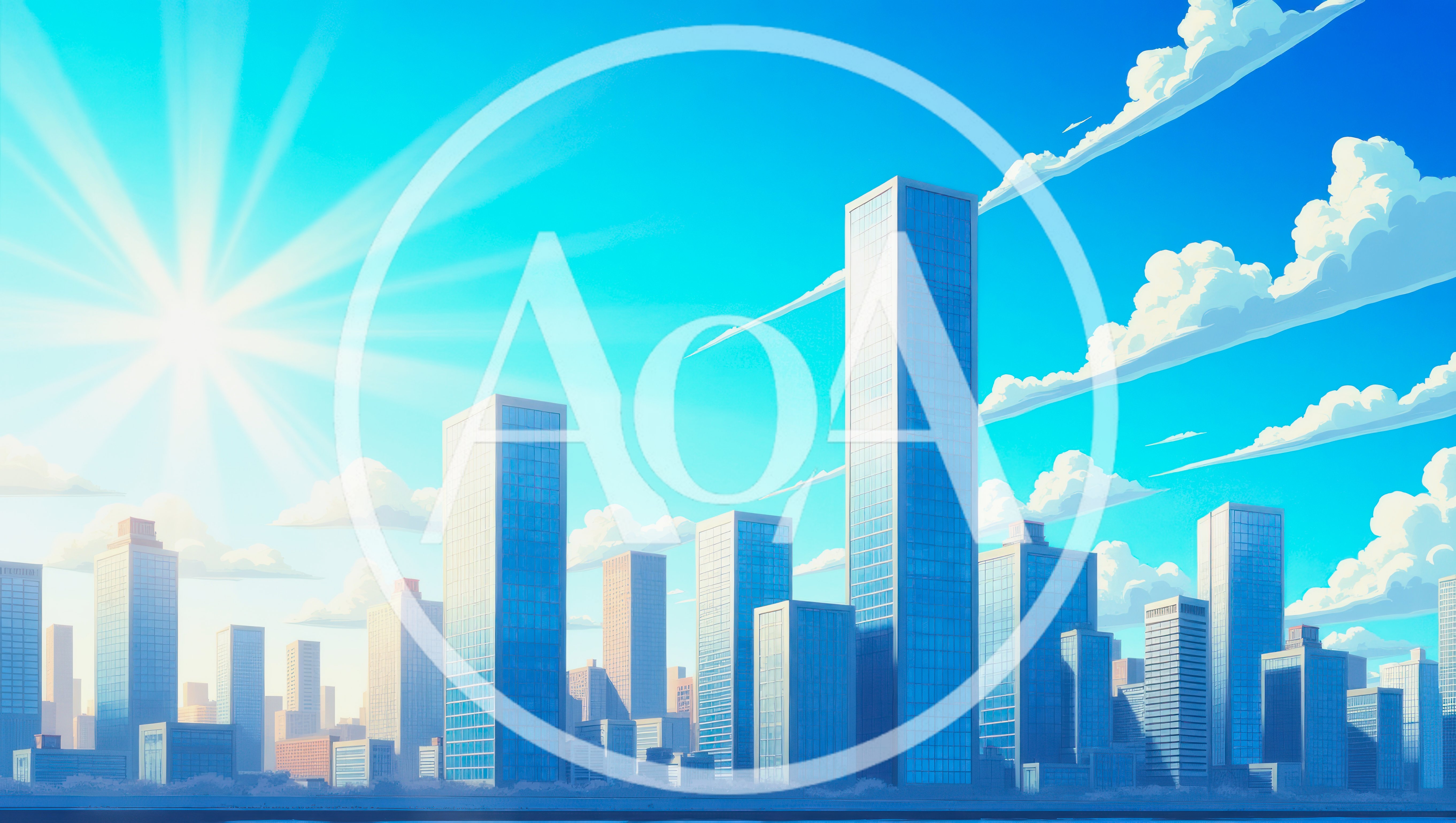 Modern City Skyline With Bright Sun And Clouds