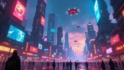 Futuristic Cyberpunk Cityscape With Flying Vehicles And Crowds