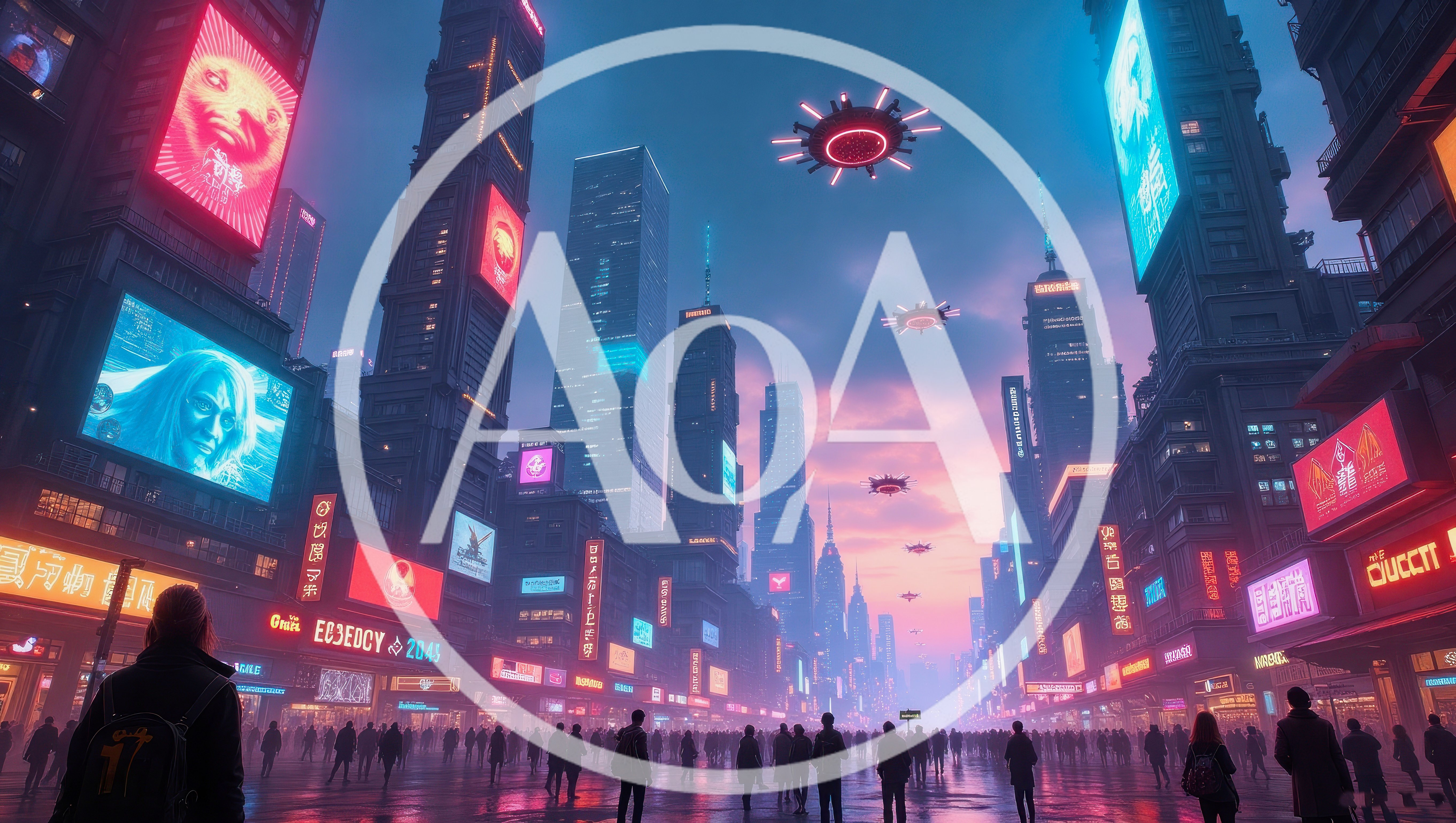 Futuristic Cyberpunk Cityscape With Flying Vehicles And Crowds