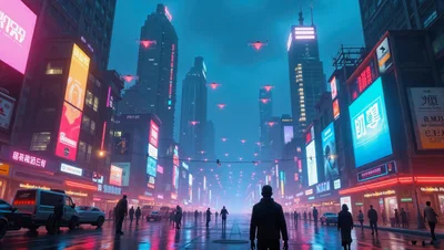 Futuristic Cyberpunk City Street With Pedestrians And Flying Drones