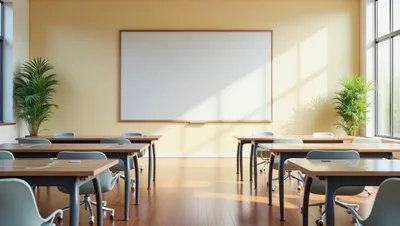 Empty Modern Classroom With Wooden Desks And Whiteboard